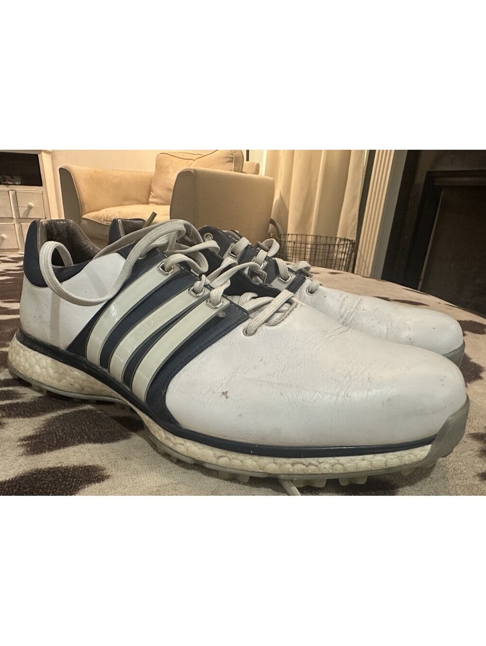 Adidas Adipower Boost Golf Shoes Mens 9 White Navy F34999 Spikeless Leather